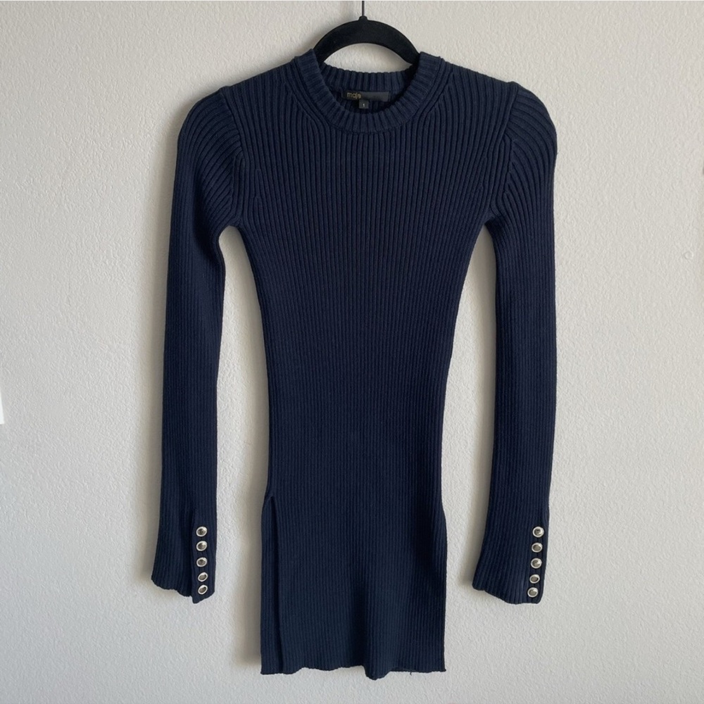 Maje Navy Long Sleeve Ribbed Top with Gold Buttons